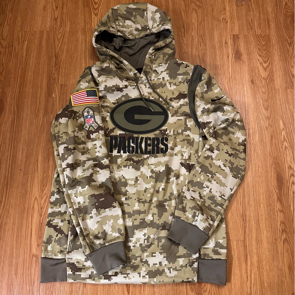 NIKE DRI FIT NFL ON FIELD GREEN BAY PACKERS SALUTE TO SERVICE CAMO HOODIE MEDIUM - Picture 1 of 16